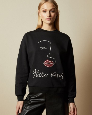 NIHNA Glitter kisses sweater in black / slogan sweatshirt