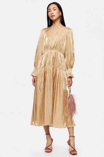 Topshop Gold Ruched Dress – occasion dresses with shimmer - flipped