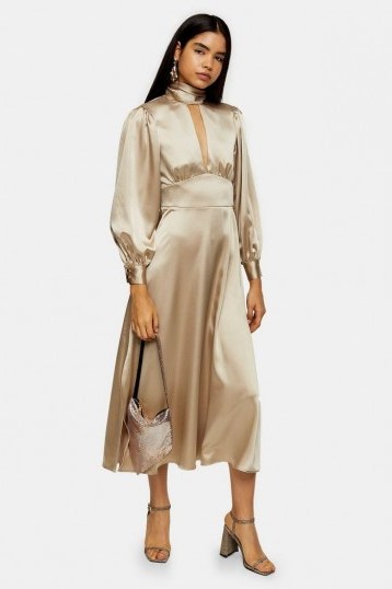 Topshop Gold Satin Maxi Dress | high neck keyhole front dresses | luxe style fit and flare - flipped