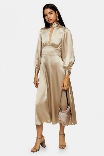 Topshop Gold Satin Maxi Dress | high neck keyhole front dresses | luxe style fit and flare