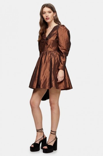 Topshop Gold V Neck Taffeta Mini Dress | flared party dresses