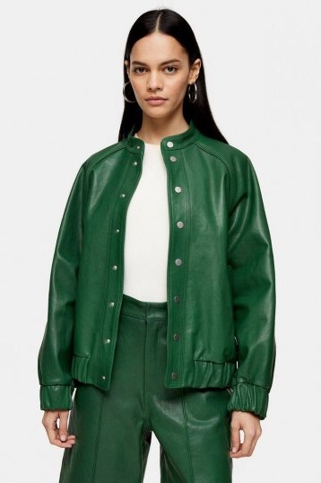 Topshop Green Leather Bomber Jacket By Topshop Boutique – luxury jackets - flipped