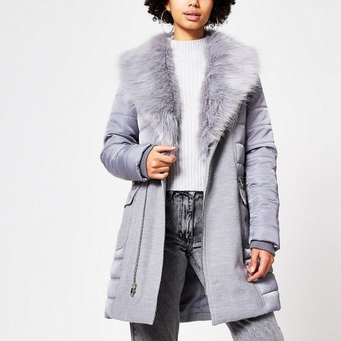 RIVER ISLAND Grey padded longline belted jacket – fur trimmed winer coat - flipped