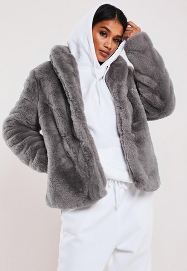 MISSGUIDED grey shawl collar faux fur coat / fluffy winter jacket - flipped