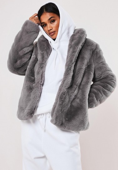 MISSGUIDED grey shawl collar faux fur coat / fluffy winter jacket
