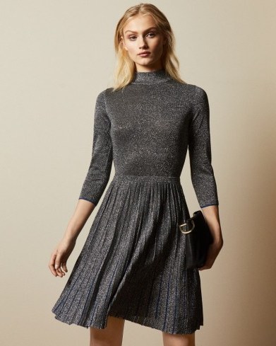 Ted Baker NOALEEN High neck mini knitted dress in gunmetal | luxe style occasion wear - flipped
