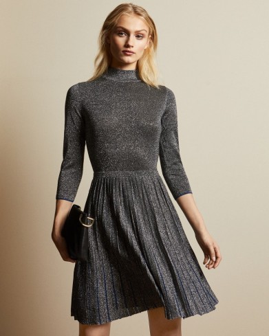Ted Baker NOALEEN High neck mini knitted dress in gunmetal | luxe style occasion wear