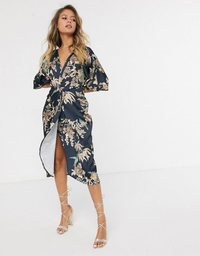 Hope & Ivy kimono wrap dress in blue floral - flipped