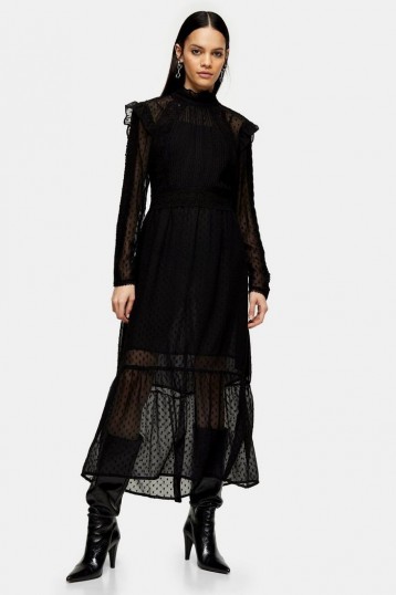 Topshop IDOL Black Pintuck Lace Insert Midi Dress