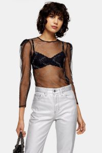 Topshop IDOL Crystal Embellished Mesh Top in Black – puff sleeve blouse