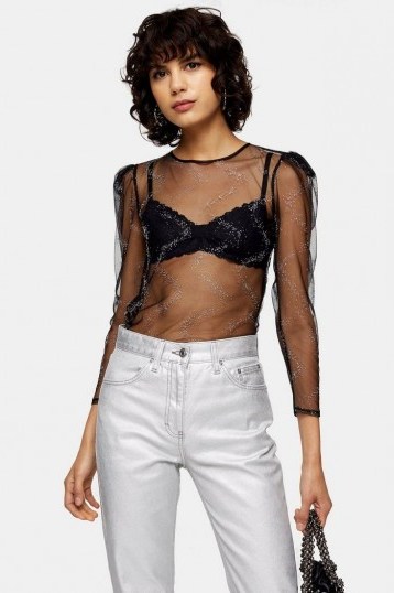 Topshop IDOL Crystal Embellished Mesh Top in Black – puff sleeve blouse - flipped