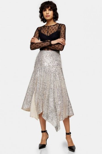 TOPSHOP IDOL Silver Asymmetric Sequin Midi Skirt / sparkly flared hem skirts - flipped