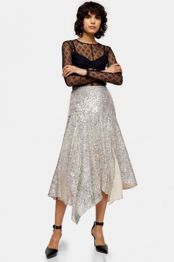 TOPSHOP IDOL Silver Asymmetric Sequin Midi Skirt / sparkly flared hem skirts