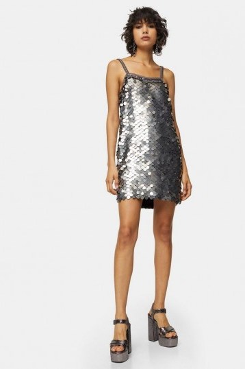 Topshop IDOL Silver Embellished Sequin Disc Slip Dress – shiny metallic party dresses - flipped