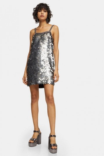 Topshop IDOL Silver Embellished Sequin Disc Slip Dress – shiny metallic party dresses