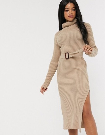 In The Style x Billie Faiers knitted roll neck midi dress with belt in camel | sweater dresses - flipped