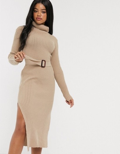 In The Style x Billie Faiers knitted roll neck midi dress with belt in camel | sweater dresses