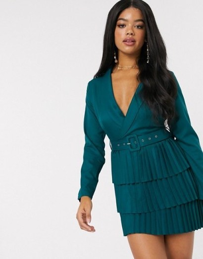 In The Style x Dani Dyer plunge front blazer dress with pleated skirt in emerald green - flipped