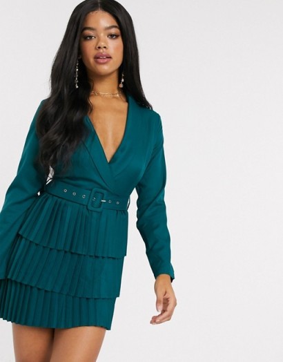 In The Style x Dani Dyer plunge front blazer dress with pleated skirt in emerald green