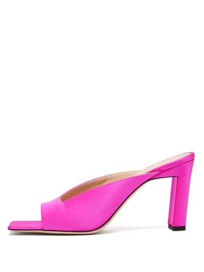 WANDLER Isa square open-toe satin mules in neon-pink - flipped