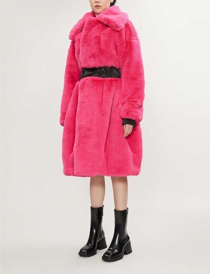 KARL ACCORDING TO CARINE Faux-leather-trimmed faux-fur coat in pink ~ bright chunky winter coats - flipped