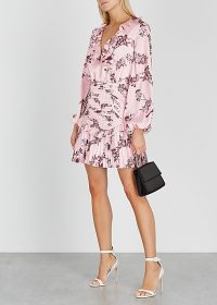 KEEPSAKE Belle floral-print satin mini dress in pink | ruffle trimmed balloon sleeved dresses