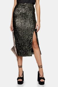 Topshop Khaki Sequin Split Midi Skirt | shimmering slit skirts
