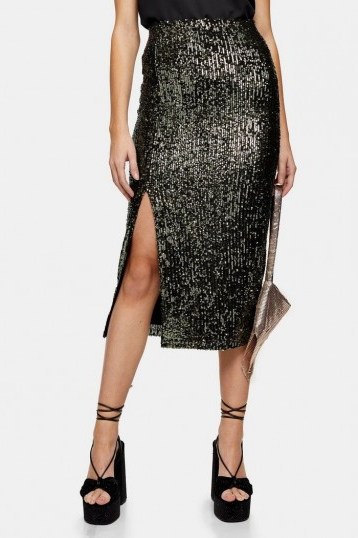 Topshop Khaki Sequin Split Midi Skirt | shimmering slit skirts - flipped