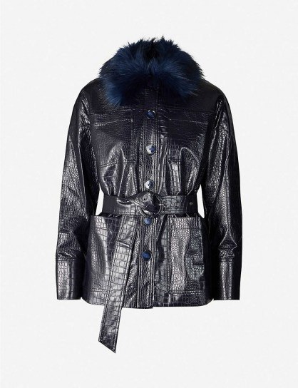 KITRI Stella croc-embossed faux-leather jacket in navy / fluffy collared jackets - flipped