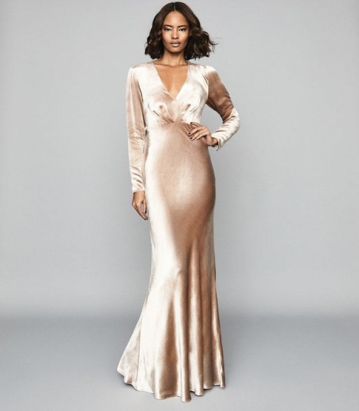 REISS KLARA VELVET PLUNGE NECKLINE MAXI DRESS GOLD ~ feminine vintage-look event gown