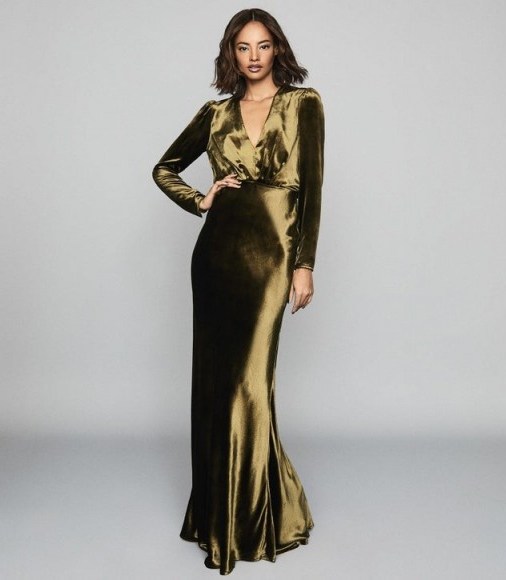 REISS KLARA VELVET PLUNGE NECKLINE MAXI DRESS KHAKI ~ event dresses with WOW impact ~ glamorous gowns Hollywood style - flipped