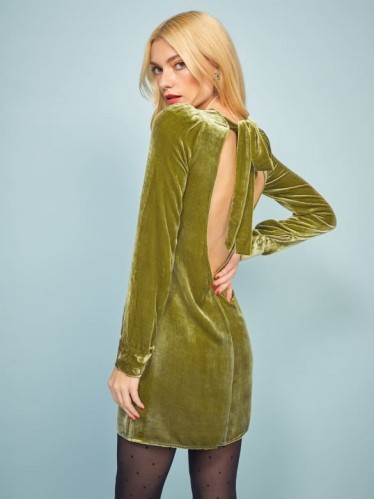 REFORMATION Kyra Dress in Pear ~ green open back mini
