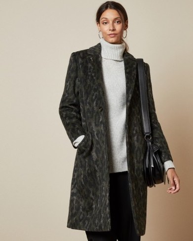 TED BAKER ILLENA Leopard print cocoon coat in khaki - flipped