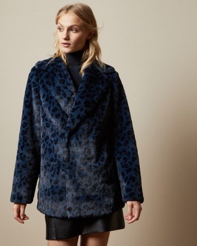 TED BAKER ZENAIDA Leopard print faux fur coat in dark blue - flipped