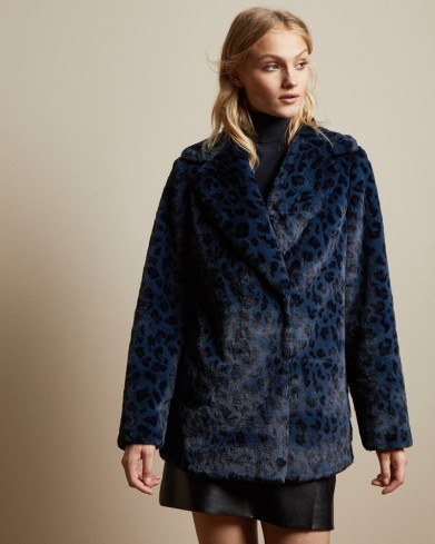 TED BAKER ZENAIDA Leopard print faux fur coat in dark blue