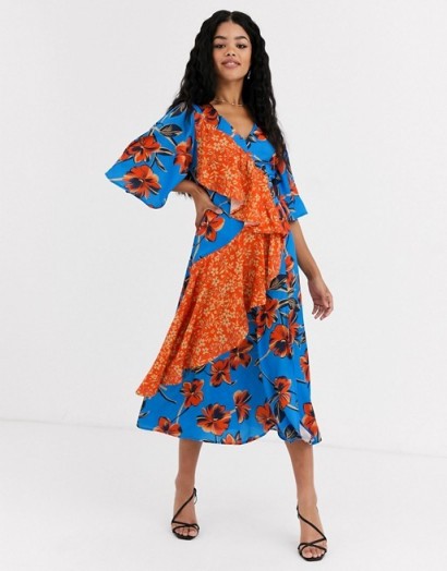 Liquorish midi dress in floral with contrast ruffle in blue and orange /mixed print dresses / statement ruffles