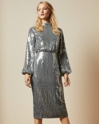 TED BAKER OPHLLIA Long sleeved sequin mini dress in gunmetal / evening luxe / glamour