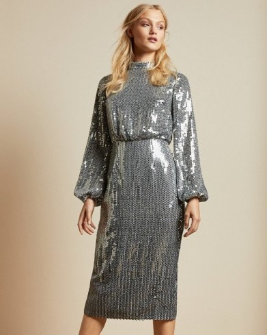 TED BAKER OPHLLIA Long sleeved sequin mini dress in gunmetal / evening luxe / glamour - flipped