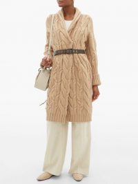 BRUNELLO CUCINELLI Long-line cable-knit cashmere cardigan in camel ~ chunky cardigans