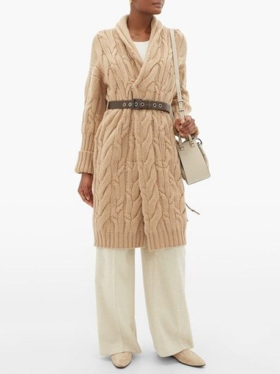 BRUNELLO CUCINELLI Long-line cable-knit cashmere cardigan in camel ~ chunky cardigans - flipped