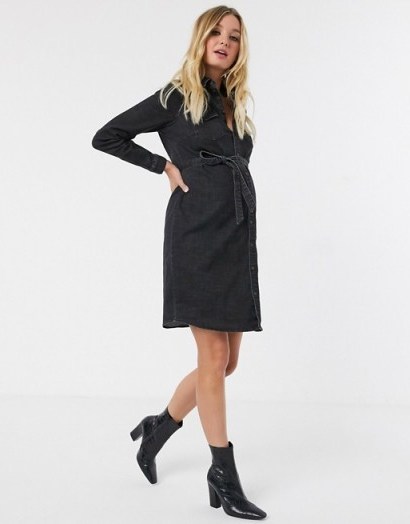 Mamalicious Maternity denim shirt dress with belted waist in washed black | pregnancy wear - flipped