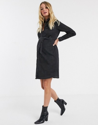 Mamalicious Maternity denim shirt dress with belted waist in washed black | pregnancy wear