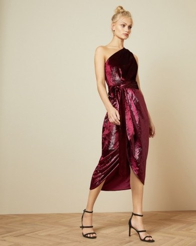 Ted Baker ABINAA Metallic one shoulder draped midi dress in oxblood | occasion glamour - flipped