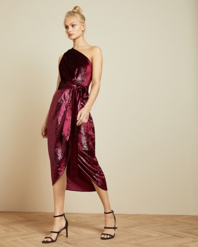 Ted Baker ABINAA Metallic one shoulder draped midi dress in oxblood | occasion glamour