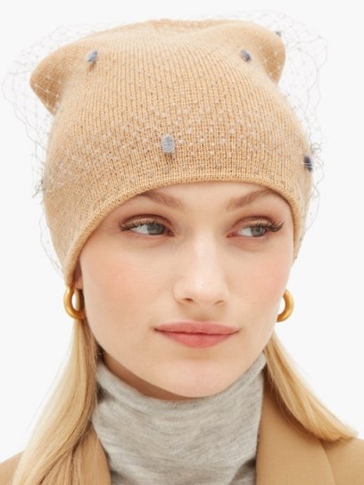 HOUSE OF LAFAYETTE Milou 7 veiled knitted beanie hat in sand-beige ~ the cutest winter hats