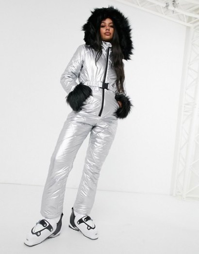 Missguided belted ski suit in silver / shiny winter sports suits - flipped