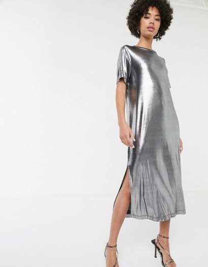Monki foile midi t-shirt dress with side split in silver | metallic dresses - flipped
