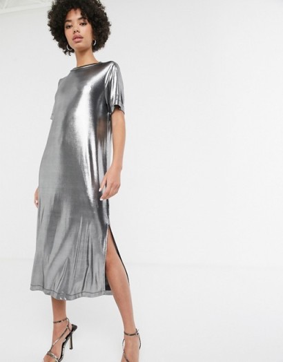 Monki foile midi t-shirt dress with side split in silver | metallic dresses