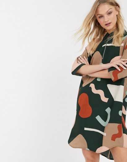 Monki Molly shirt dress in multi – abstract print fashion