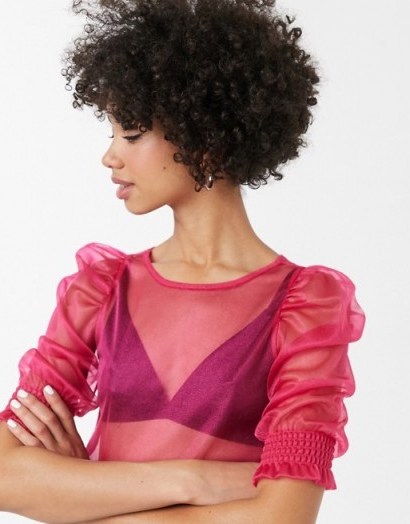 Monki puff sleeve organza blouse in fuchsia pink - flipped